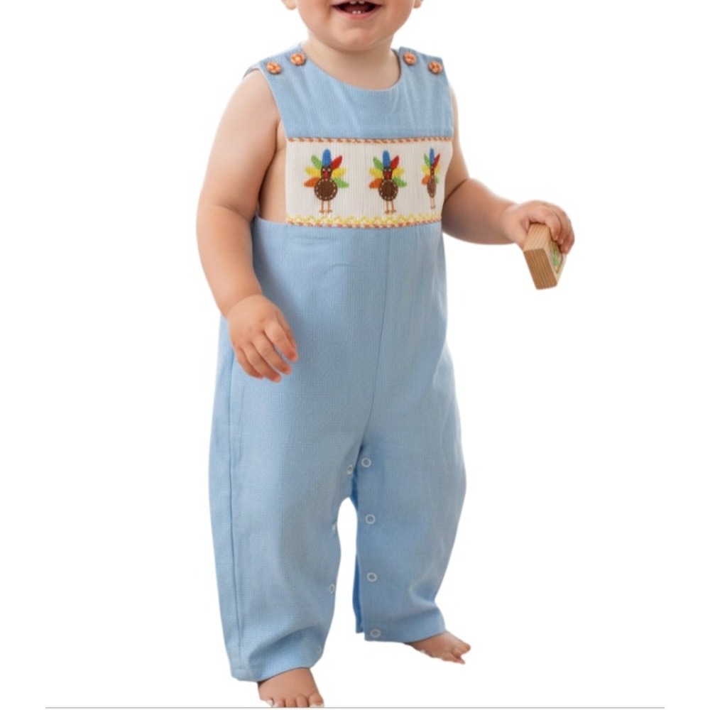 New THANKSGIVING TURKEY SMOCKED Blue Micro Check LONGALL JON-JON ROMPER sz 9M